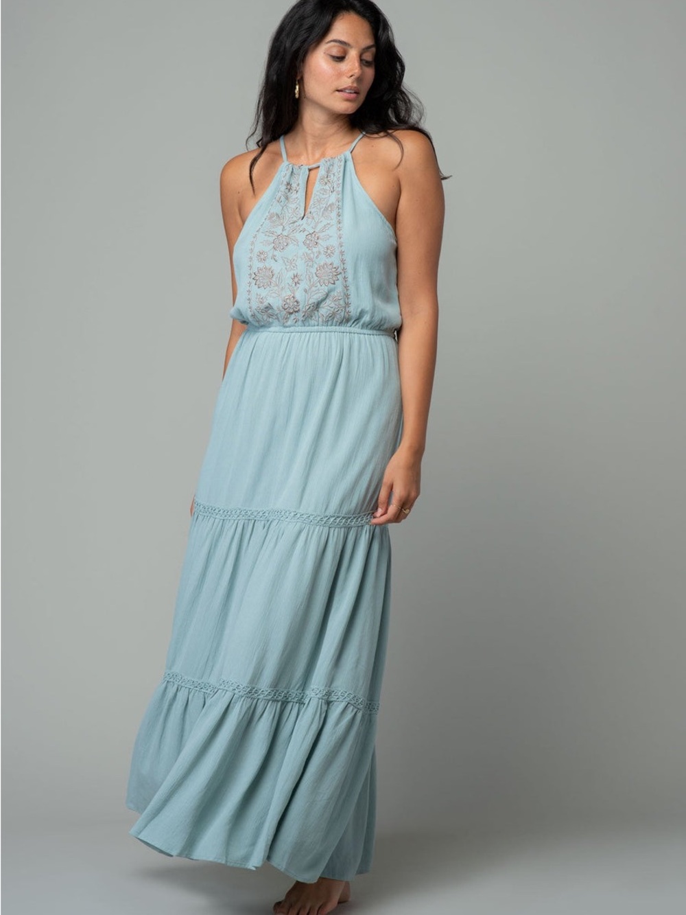 lovestitch Light Blue with Gold Embroidered Tiered Halter Maxi Dress sz L
